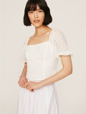 White Lace Square-Neck Puff eyelet Sleeve crop Top